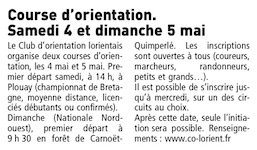 Course d'orientation les 4 et 5 mai à Plouay et Quimperlé